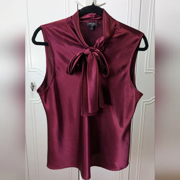 Nine West Burgundy Tie Front Satin Blouse 100% Polyester Sz 12 - Picture 4 of 7